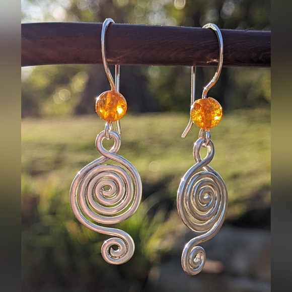 Sterling Silver Baltic Amber Earrings Tribal Spiral Metallic Statement - Picture 14 of 16